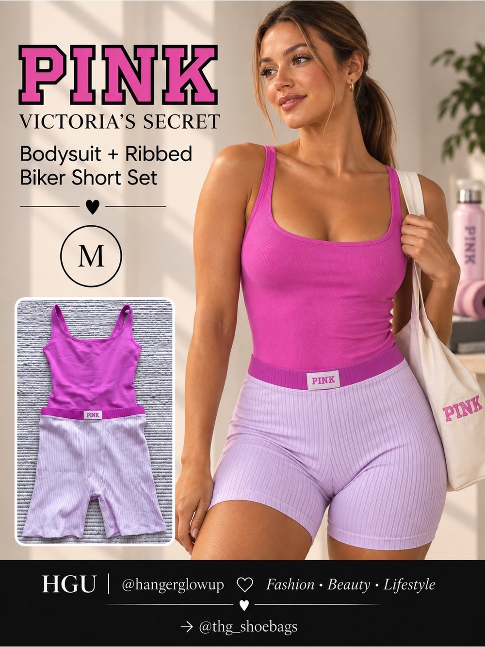 PINK Victoria’s Secret Bodysuit Organic Cott & Ribbed Biker Short Set M Pink NWT